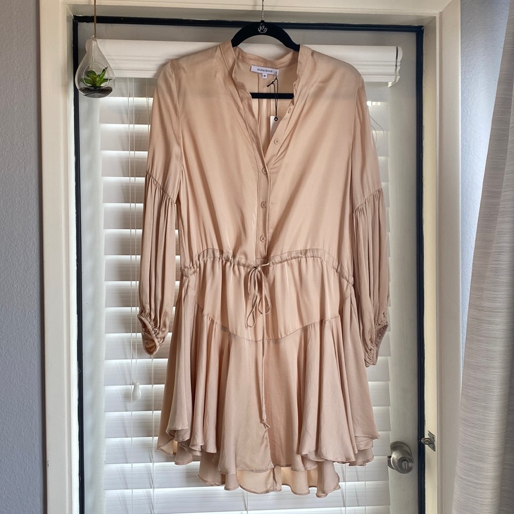 Button Down Drawstring Tie Waist Satin Dress - Long Sleeve by Oliveceous